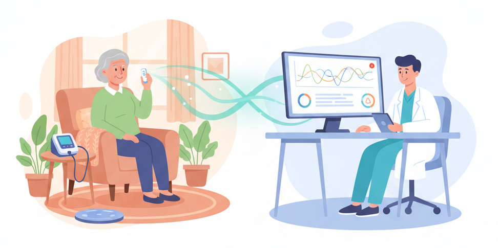 A senior holding up a phone wirelessly connected to a doctor's office