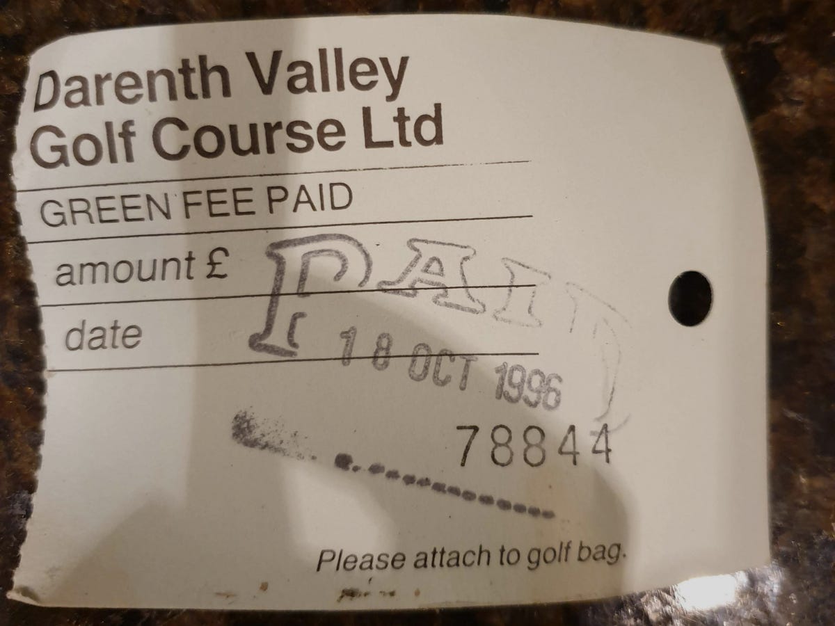 Old Darenth Valley Golf Course green-fee ticket dated 10 October 1996, found inside a set of golf clubs handed down from father to son.