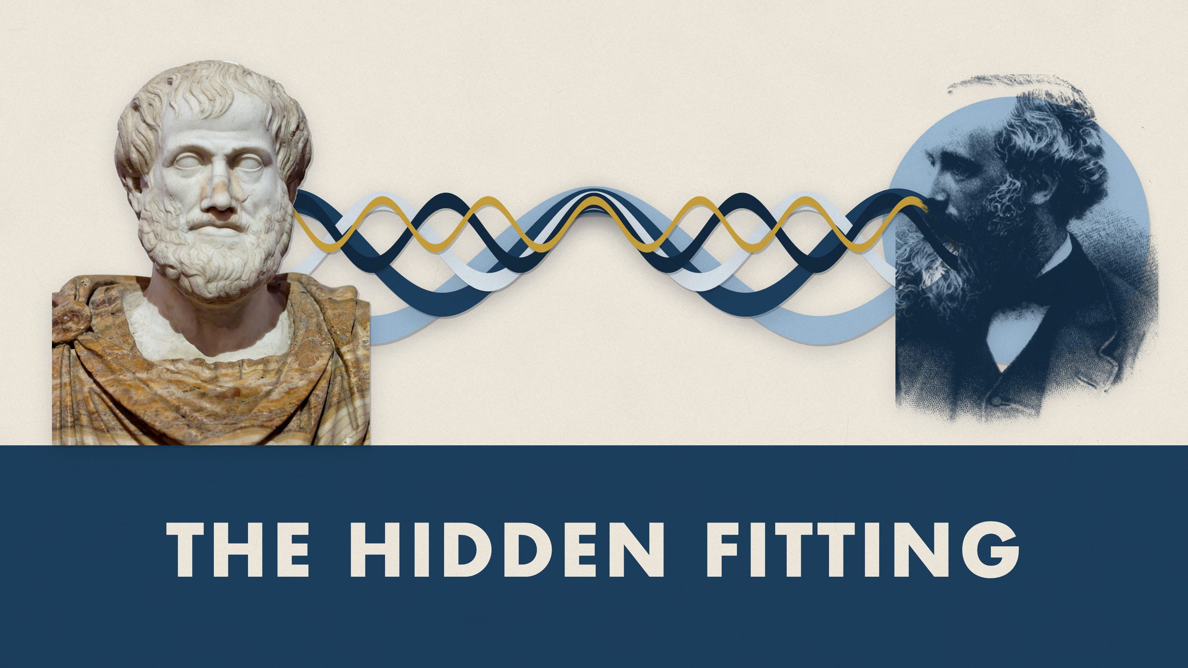 Aristotle’s marble bust and an engraving of Maxwell face each other across paper waves. Title: The Hidden Fitting.