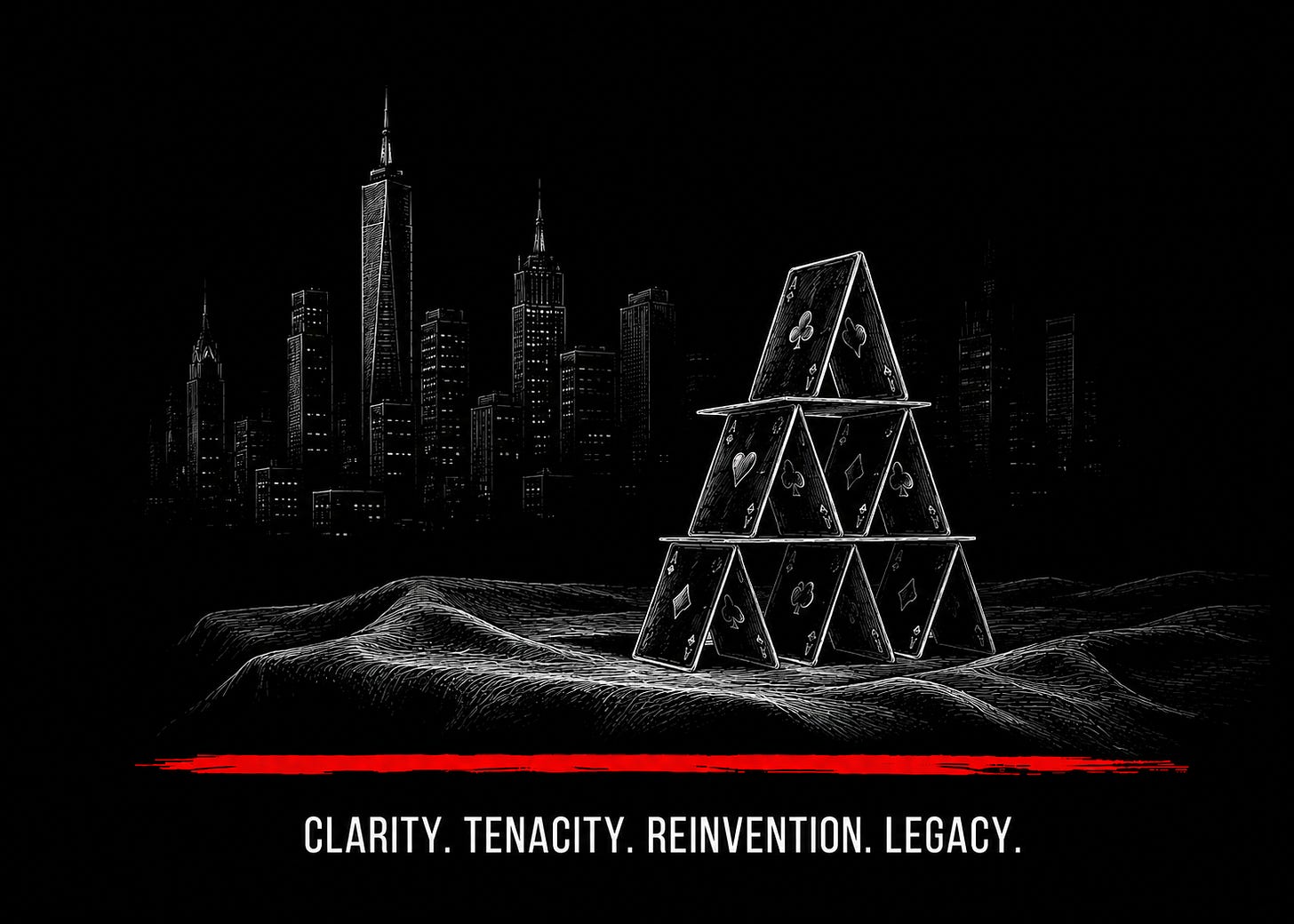 A fragile house of playing cards sits on a linen cloth in darkness while a city skyline rises in the background, contrasting temporary human creations with structures built to outlast generations. A fragile house of playing cards sits on a linen cloth in darkness while a city skyline rises in the background, contrasting temporary human creations with structures built to outlast generations.