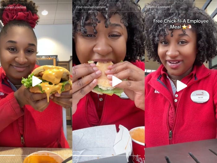 Three images of Miriam Webb in her Chick-fil-A uniform, taken as screenshots from her TikTok. In two of them she is eating a sandwich. In the other she is smiling.