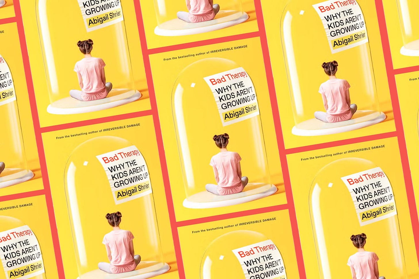 Repeating images of the cover of the book Bad Therapy by Abigail Shrier.