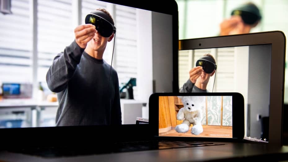 Mark Zuckerberg, chief executive officer of Meta Platforms Inc., demonstrates the Meta Quest Pro during the virtual Meta Connect event in New York, US, on Tuesday, Oct. 11, 2022.