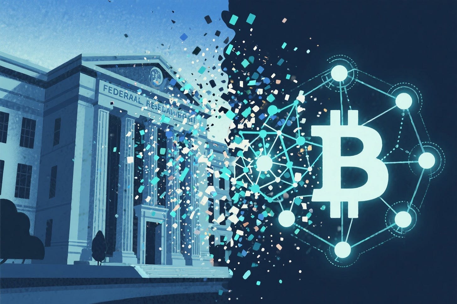 Federal Reserve building dissolving into digital particles while Bitcoin network structure forms on the right, showing shift from centralized to decentralized systems