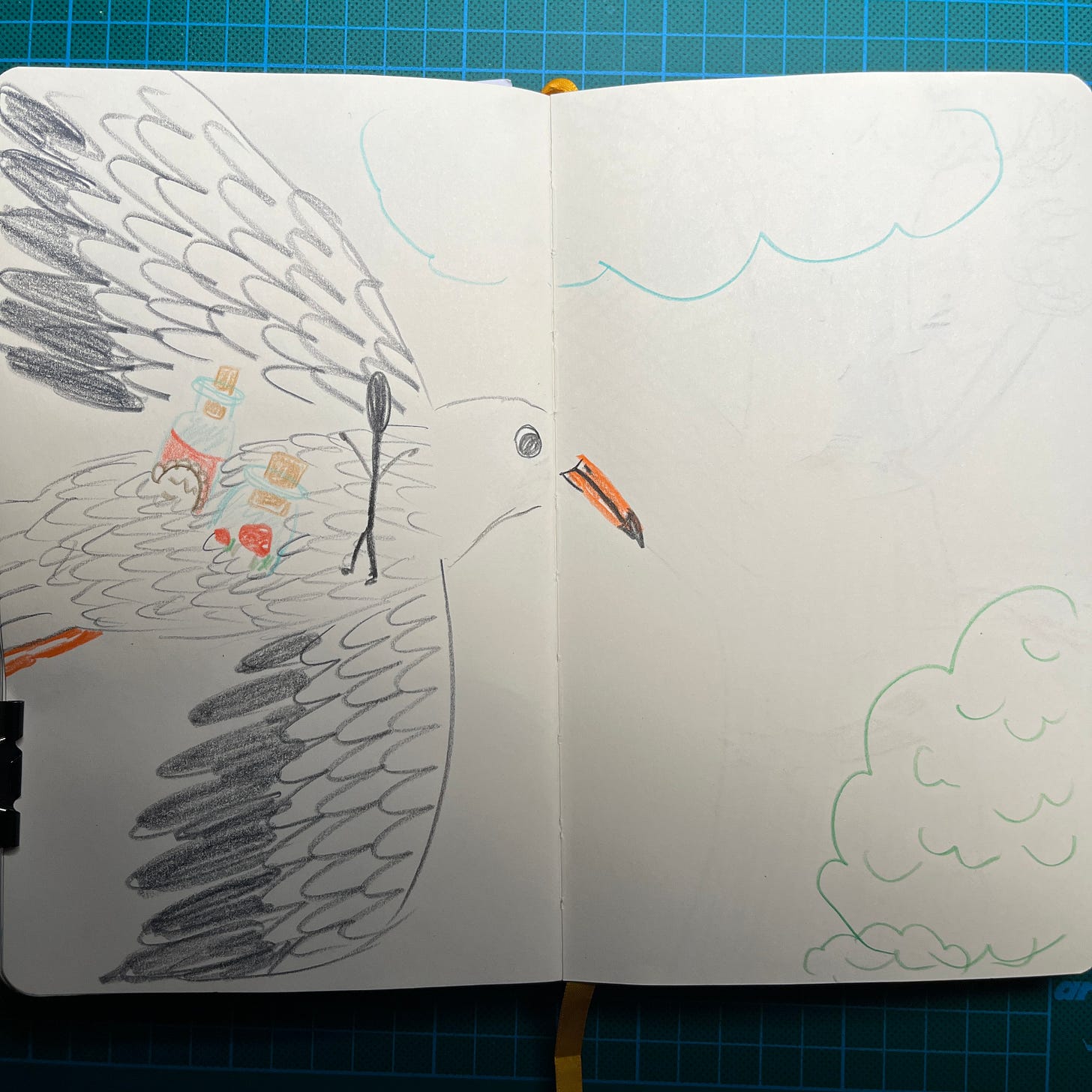 Photo d'une page de mon sketchbook où j'ai dessiné le bonhomme bâtons ainsi que les deux flacons du premier dessin, sur le dos de l'oiseau géant.