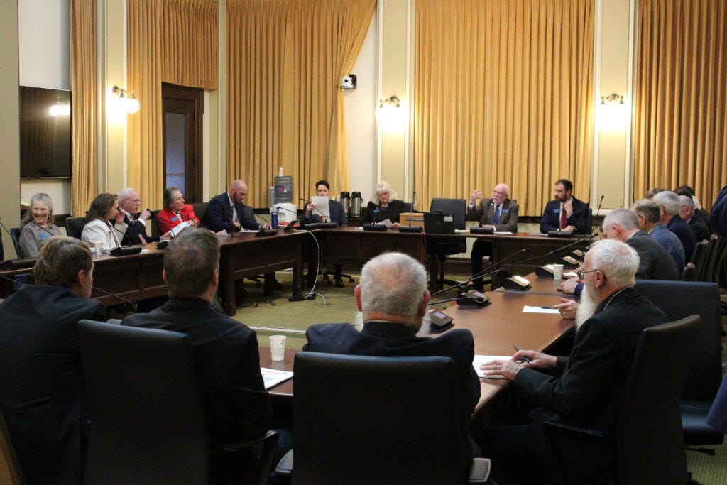 Republican senators at a caucus meeting to elect new leadership for the 2025 session on Nov. 12, 2024. (Photo by Blair Miller, Daily Montanan)