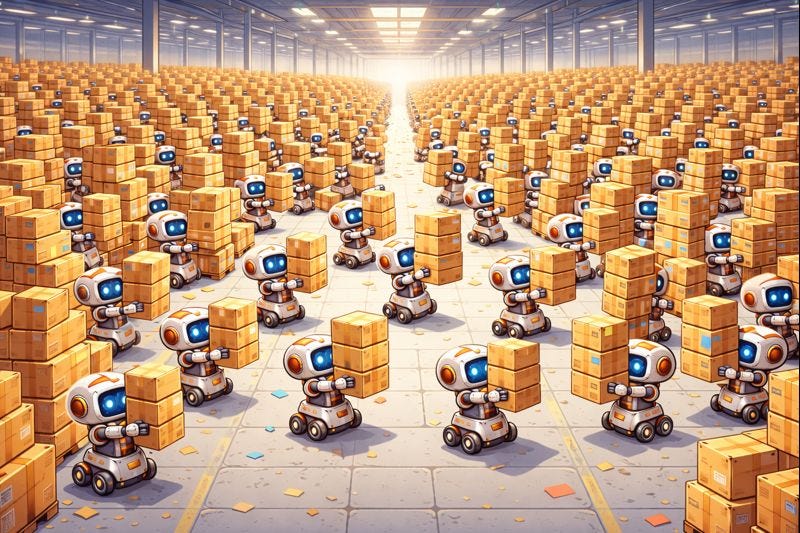 many robots picking up a box