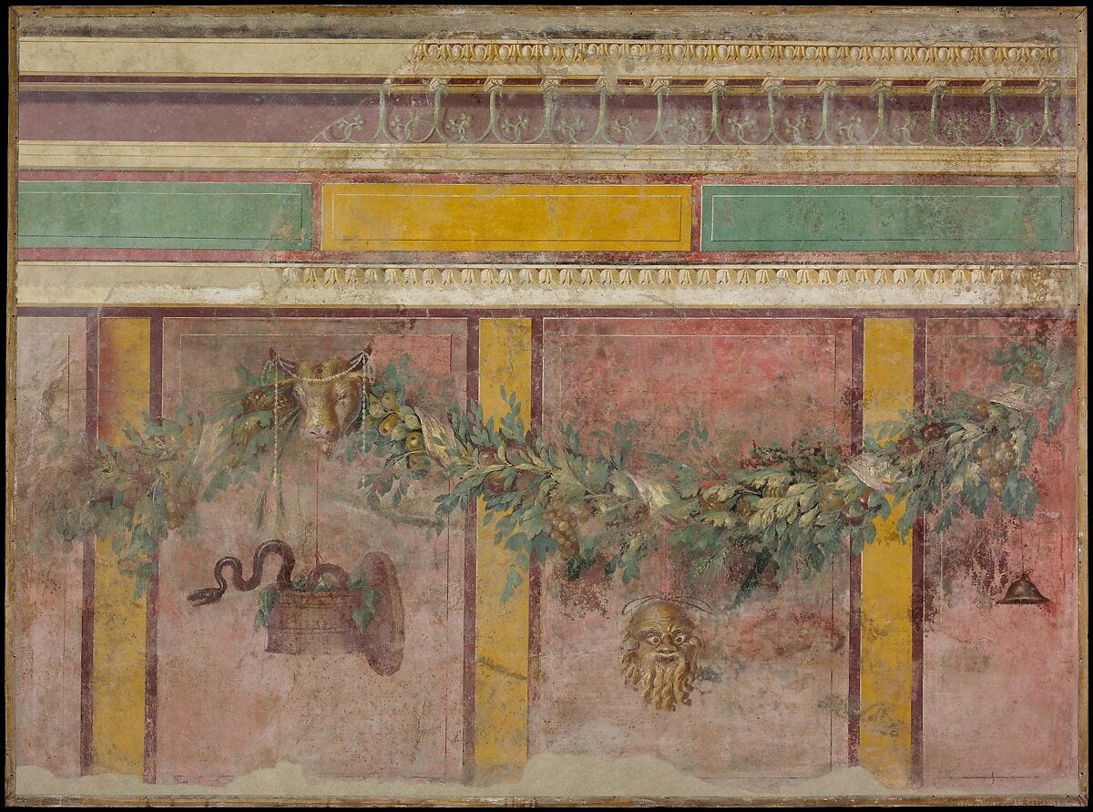 Serpent emerging from a suspended basket beneath a bull’s head, Boscoreale fresco