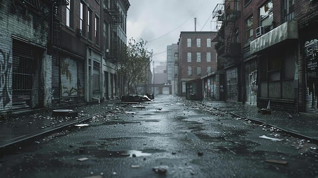 A dark and eerie street scene with abandoned buildings and debris on the  ground the street is wet from the rain and the sky is cloudy and gloomy |  Premium AI-generated image