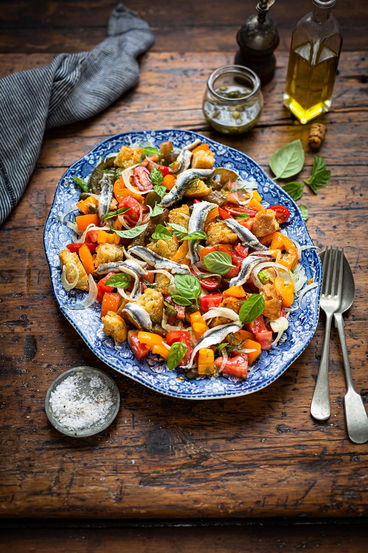 Panzanella salad with white anchovies, fennel & capers recipe