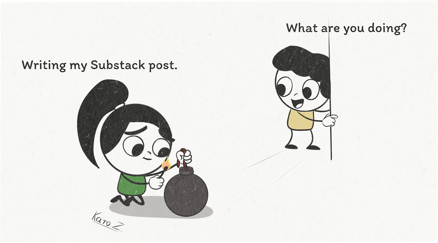 Black-and-white cartoon with bold colors: Karo from Product with Attitude lights a bomb while saying “Writing my Substack post,” visualizing the Amplification Bomb framework.