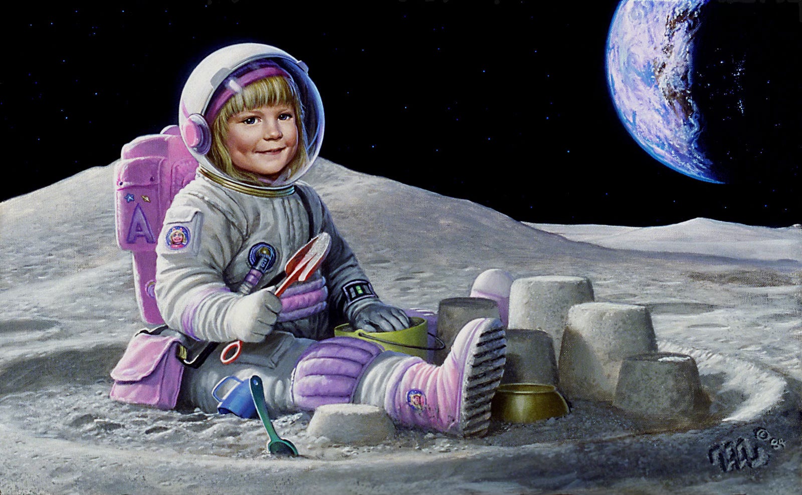 With plastic shovel in hand, a 4 year old girl in spacesuit packs a bucket with regolith as she builds sandcastles on the moon. The half-shadowed, cloud-covered orb of the Earth looms in the background starscape. The accents on her spacesuit are pink, and her pack sports a purple monogrammed letter A. Miss Piggy patches decorate her boot and shoulder. With plastic shovel in hand, a 4 year old girl in spacesuit packs a bucket with regolith as she builds sandcastles on the moon. The half-shadowed, cloud-covered orb of the Earth looms in the background starscape. The accents on her spacesuit are pink, and her pack sports a purple monogrammed letter A. Miss Piggy patches decorate her boot and shoulder.