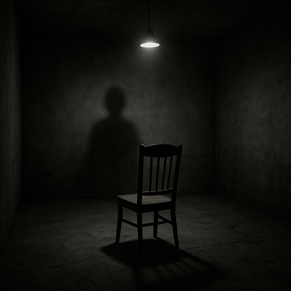 A cracked, concrete room lit by a single harsh bulb above a lone wooden chair. A shadow on the wall suggests a figure, but the chair is empty. A cracked, concrete room lit by a single harsh bulb above a lone wooden chair. A shadow on the wall suggests a figure, but the chair is empty.