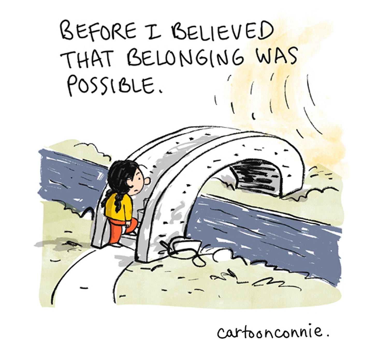 Panel 6/6 of a 6-panel comic strip illustrating a visual metaphor of how individuals can be a bridge to belonging, even when we feel isolated and alone. Titled "Bridges To Belonging," 2026, by Connie Sun, cartoonconnie. Panel 6/6 of a 6-panel comic strip illustrating a visual metaphor of how individuals can be a bridge to belonging, even when we feel isolated and alone. Titled "Bridges To Belonging," 2026, by Connie Sun, cartoonconnie.