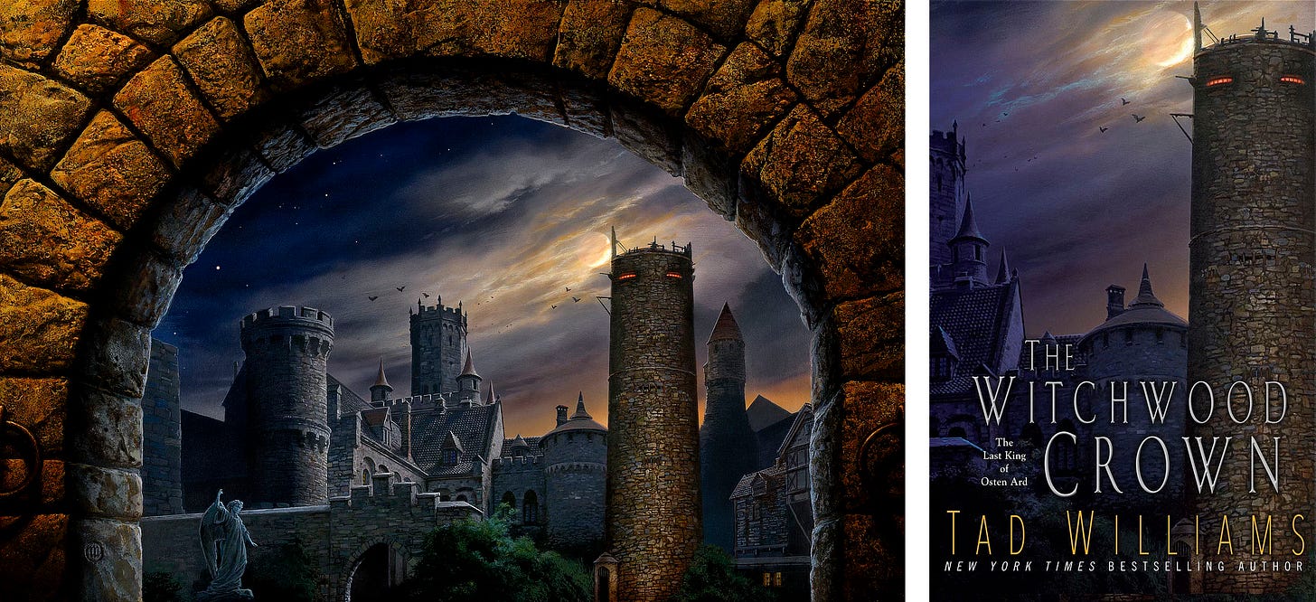 LEFT (painting description): Constrained view of a castle courtyard as seen at night through a stone archway lit from behind the viewer. On the right, the Tower of Hjeldin rises with wide narrow, barred slits at the top glowing red. The statue of an angel stands on the left with one arm raised. Tall bushes obscure the entrance through an inner wall leading to the keep. Above is a mix of starry dark sky and layers of clouds illuminated by a glowing crescent moon. RIGHT: Book cover for THE WITCHWOOD CROWN by Tad Wiliams, published by DAW Books LEFT (painting description): Constrained view of a castle courtyard as seen at night through a stone archway lit from behind the viewer. On the right, the Tower of Hjeldin rises with wide narrow, barred slits at the top glowing red. The statue of an angel stands on the left with one arm raised. Tall bushes obscure the entrance through an inner wall leading to the keep. Above is a mix of starry dark sky and layers of clouds illuminated by a glowing crescent moon. RIGHT: Book cover for THE WITCHWOOD CROWN by Tad Wiliams, published by DAW Books