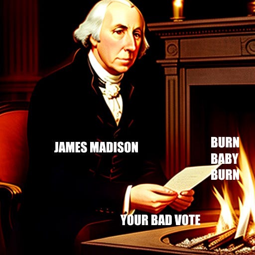 President James Madison puts your bad vote into an open flame with the caption "BURN BABY BURN." President James Madison puts your bad vote into an open flame with the caption "BURN BABY BURN."