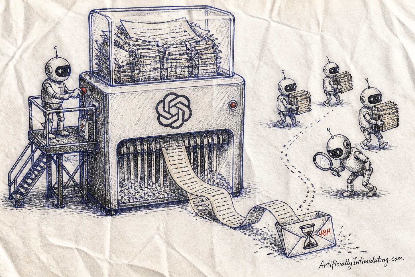 A giant paper shredder marked with the OpenAI flower feeds a ribbon of paper toward a self-deleting envelope with a 48H hourglass, while small robots carry folders away and a robot investigator studies the trail with a magnifying glass. A giant paper shredder marked with the OpenAI flower feeds a ribbon of paper toward a self-deleting envelope with a 48H hourglass, while small robots carry folders away and a robot investigator studies the trail with a magnifying glass.