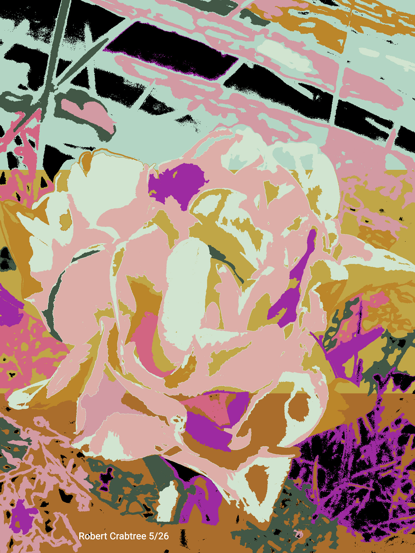 Abstract digital painting titled Tulip 77 by Robert Crabtree, featuring a geometric floral composition with Van Gogh-inspired hues, Wolf Kahn back wall theory, and George Condo-style architectural linework in shades of crystalline pink, mustard yellow, and deep purple.
