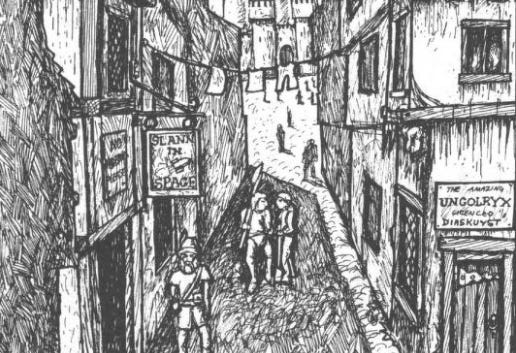 A close up of a street from the Warhammer world showing a tavern called Slann in Space