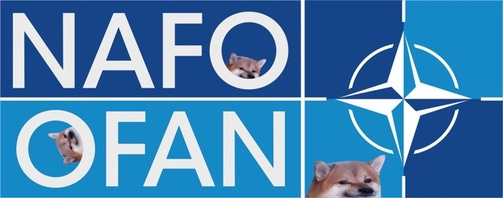 Three shiba inu fellas, modified NATO logo, four-point compass rose on two-tone blue background