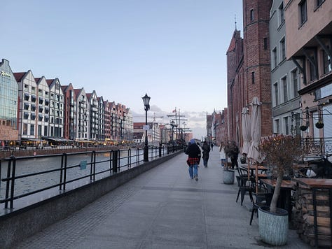 Five photographs of the historic main city in Gdansk, Poland.