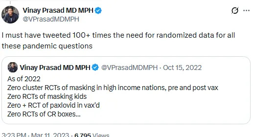 Vinay Prasad tweet demanding RCTs for any and all COVID mitigations