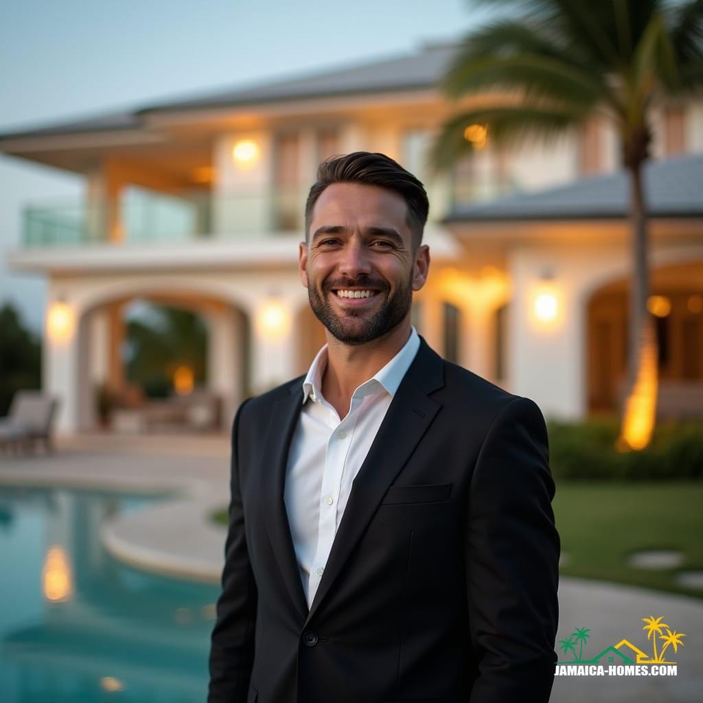 A sleek, modern real estate agent, dressed in professional attire, standing in front of a luxurious Jamaican property, with a warm, cinematic glow, as if shot on 35mm film, with a subtle film grain and vignette, emphasizing the agent's confident smile and the property's elegant architecture, set against a stunning Caribbean backdrop, with a shallow depth of field, blurring the surroundings, and a subtle color grading, evoking a sense of tropical paradise, with cinematic lighting that accentuates the agent's features and the property's best aspects, in a style reminiscent of the works of Emmanuel Lubezki, Roger Deakins, and Hoyte van Hoytema, with a mix of modern, minimalist, and tropical elements, inviting the viewer to step into the world of luxury real estate, with a sense of grandeur, sophistication, and allure.