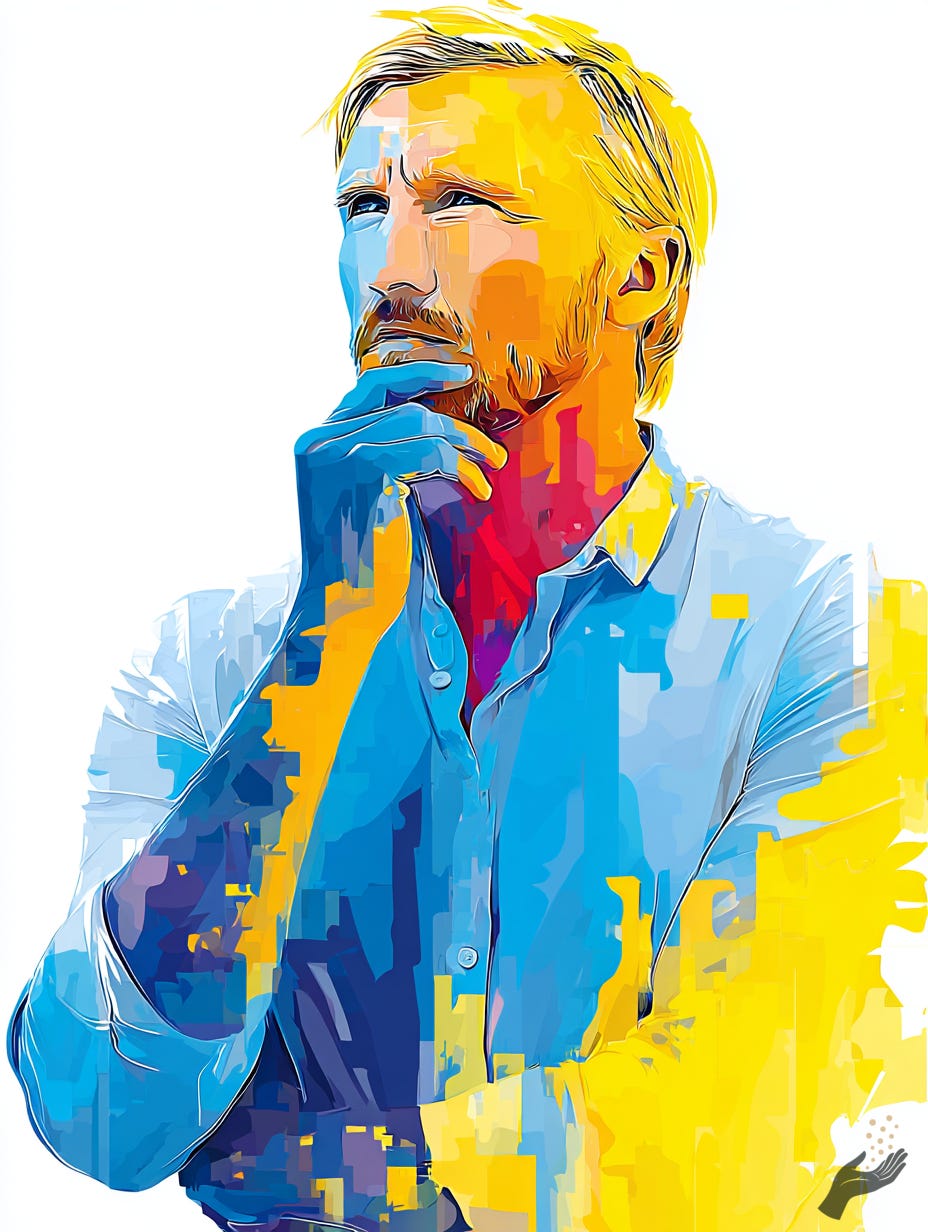 Brightly painted portrait of a bearded person in a blue shirt with hand at chin, rendered in bold blue, yellow, pink, and orange blocks. Brightly painted portrait of a bearded person in a blue shirt with hand at chin, rendered in bold blue, yellow, pink, and orange blocks.