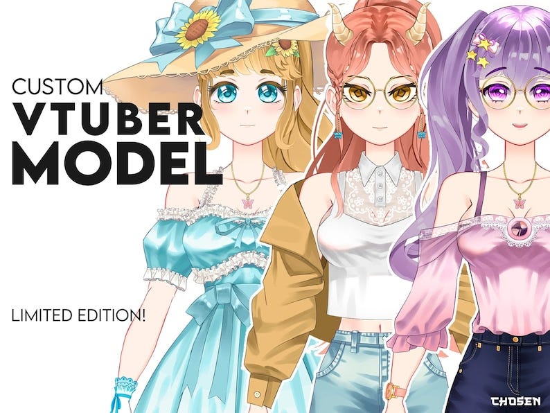 May include: Three custom VTuber models with different hairstyles and outfits. The first model has blonde hair and is wearing a blue dress with a white lace trim and a straw hat with a sunflower. The second model has red hair and is wearing a white tank top with a white lace overlay, a brown jacket, and blue jeans. The third model has purple hair and is wearing a pink off-the-shoulder top with a white lace trim and blue jeans. The text 'CUSTOM VTUBER MODEL LIMITED EDITION!' is displayed at the top of the image.
