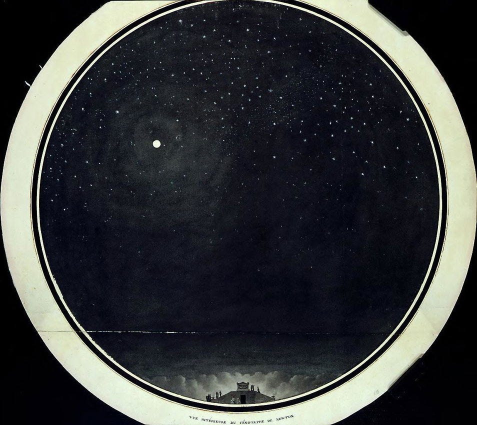 Circular view of a starlit night sky with a bright celestial body, small figures visible on a structure at the bottom of the frame