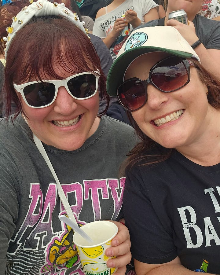 Authors Fancy Roberts and Kelly Reynolds at the Savannah Bananas baseball game in Eugene, Oregon.