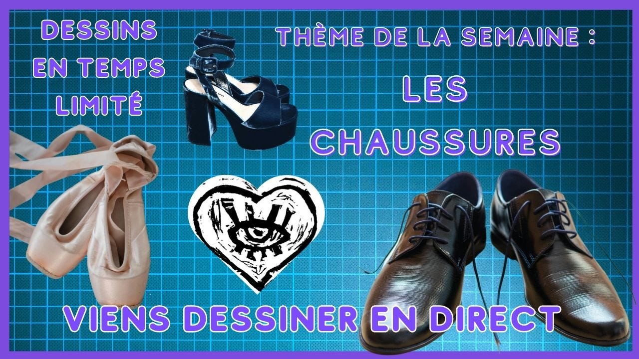 Photo de la miniature de la session, le texte indique le thème et le principe de la session, il y a des photos de paires de chaussures très variées.