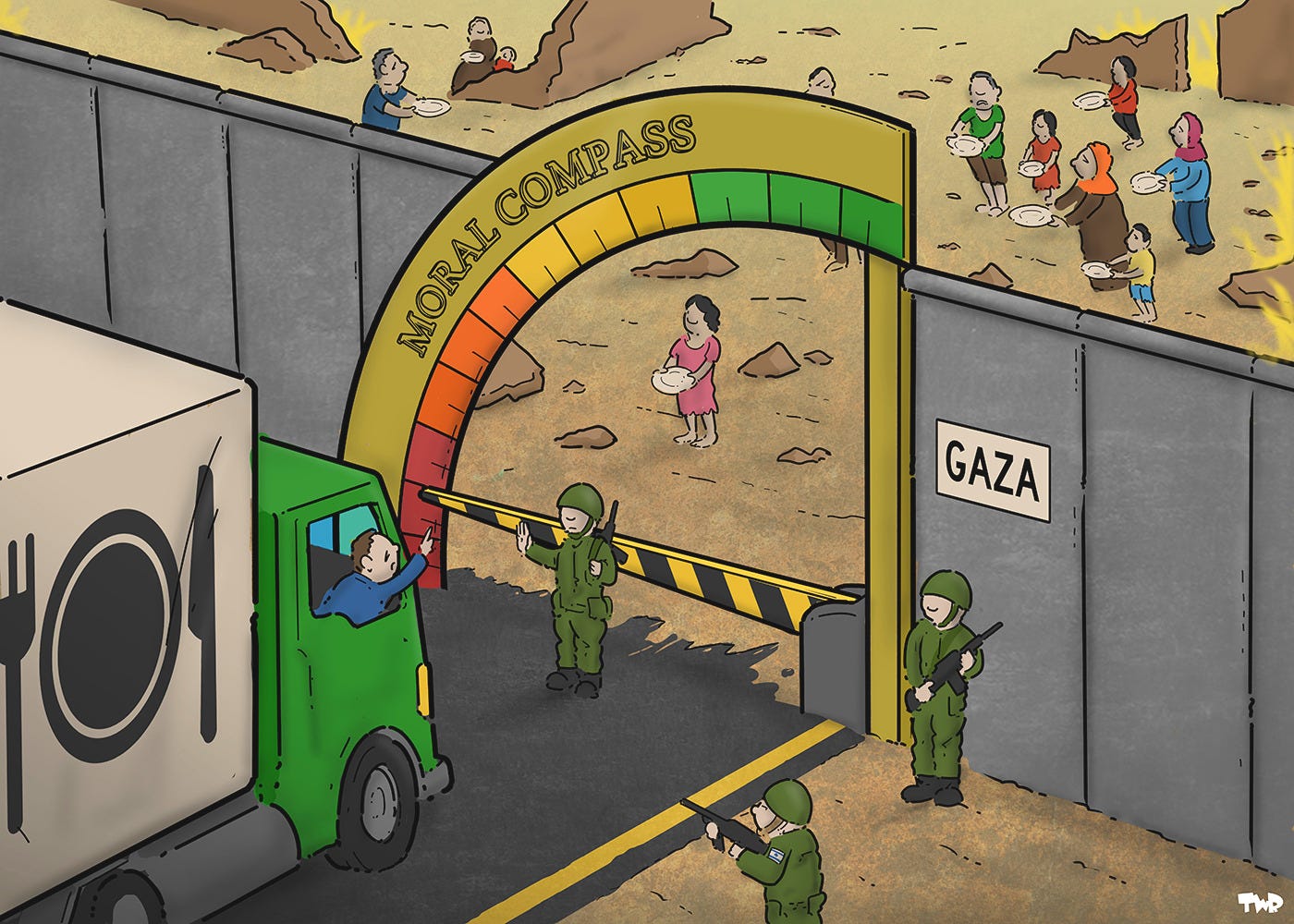 Cartoon showing an aid truck standing at an entrance to Gaza, being stopped by Israel soldiers. The boom gate to Gaza has the text ‘moral compass’ written on it and forms a quarter circle. The bottom of the quarter circle is deep red, transitioning to green at the top. The barrier boom is the needle, pointing to the red while it is closed.