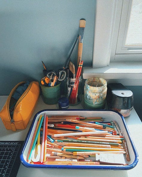 Photo of Danielle in her studio space and snapshots of her studio space
