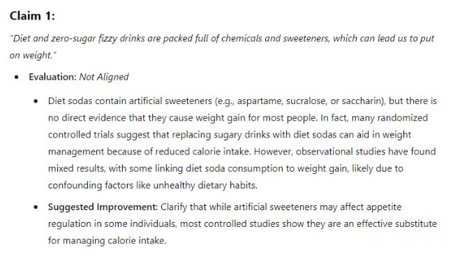 A fact checking custom GPt returning a result for whether diet sodas can make you put on weight A fact checking custom GPt returning a result for whether diet sodas can make you put on weight