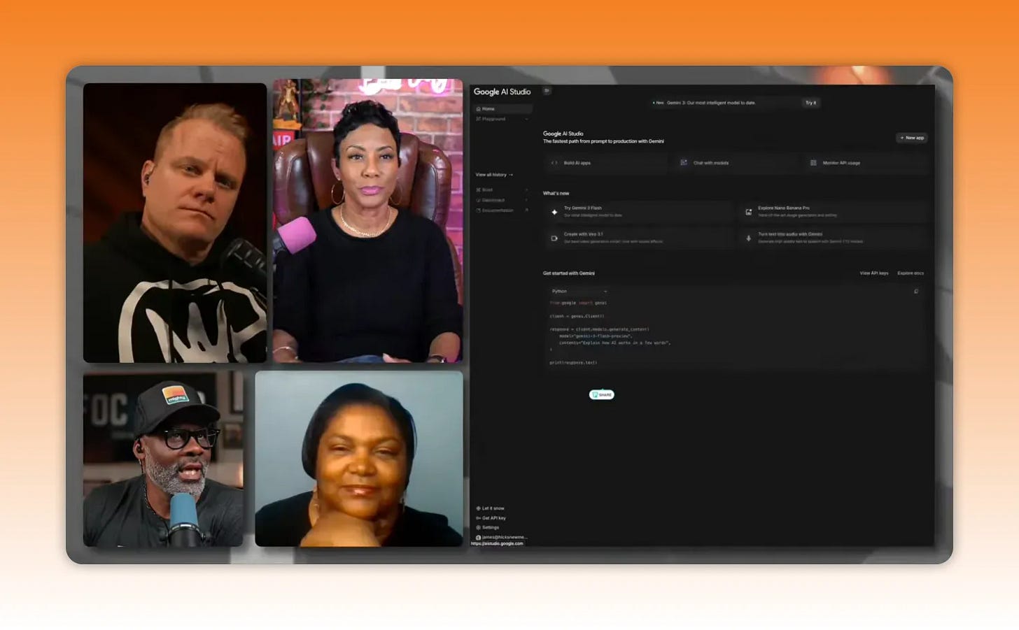 google ai studio dashboard with get-started code snippet next to video call tiles