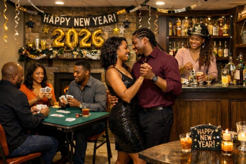 Host prepares drinks behind a bar while one couple dances and three other people play cards at a 2026 New Year's Eve party.