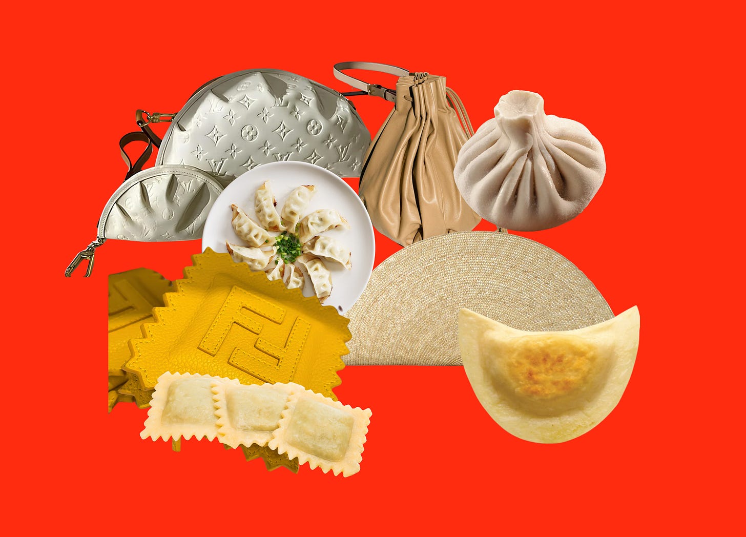 collage of purses that look like dumplings and the dumplings they resemble
