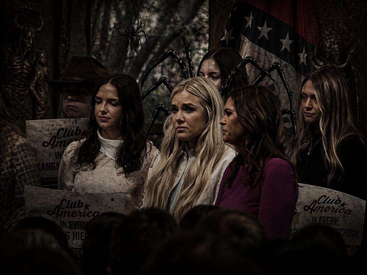 Erika Kirk and Sarah Huckabee Sanders stand inside the Christian Zio₦ist theater of Arkansas, flanked by the failed “Club America” student project that collapsed before it could even be launched. The image captures more than a local event: it shows an attempted coronation — grief, youth capture, and political blessing fused together — already shadowed by failure, recoil, and revolt from within.