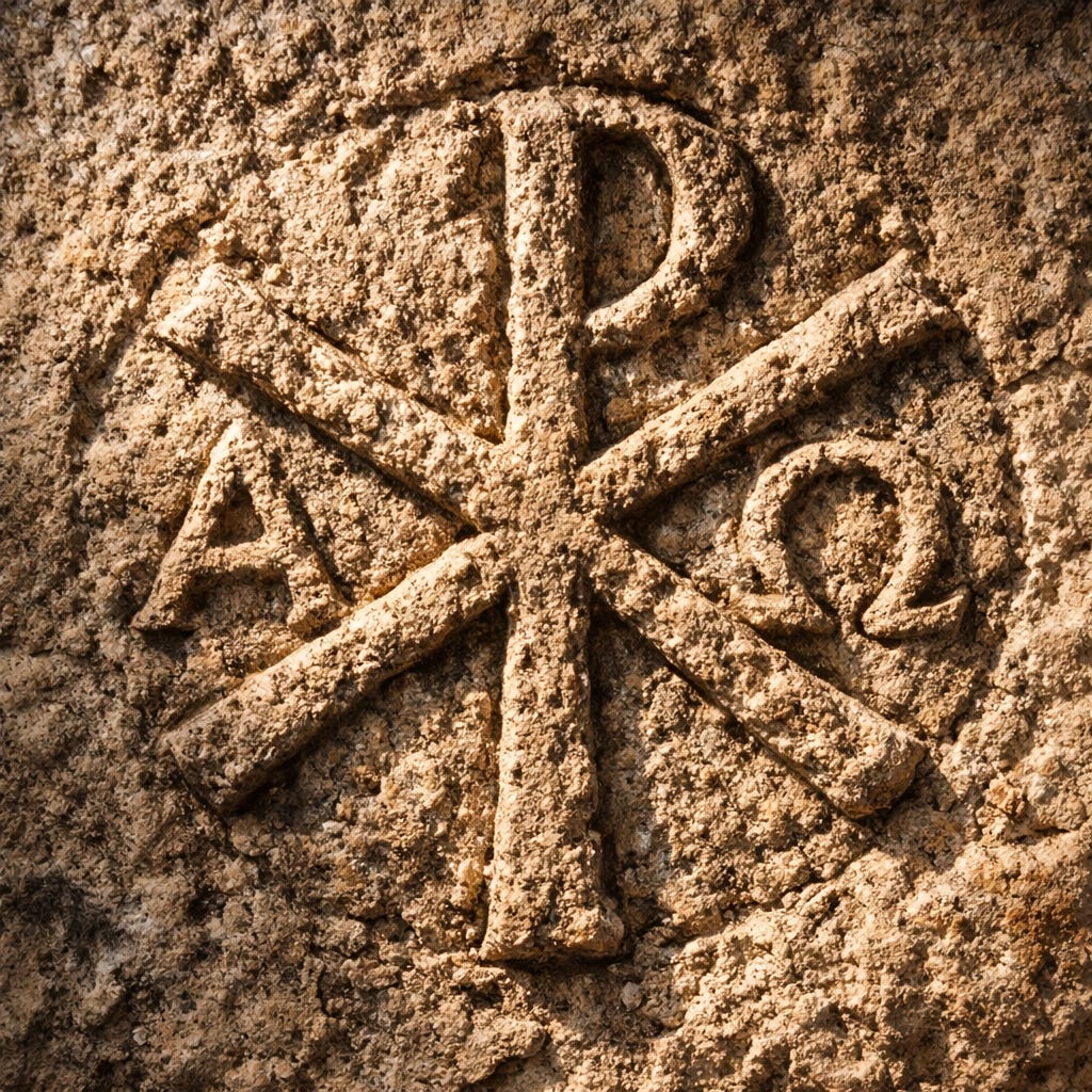 Ancient Christian Chi-Rho symbol carved into stone, illustrating the timeless power of sacred tradition.