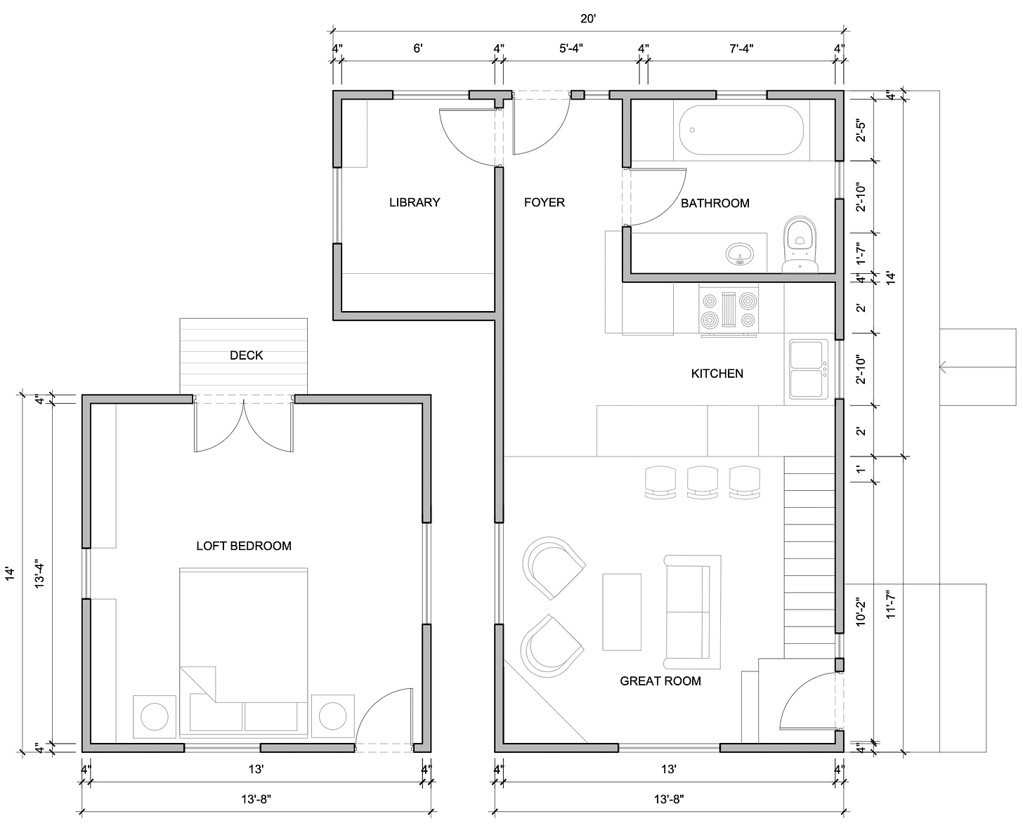 Cabin floorplan featuring a 2-bed, one-bath layout with a great room and a soon-to-be library.