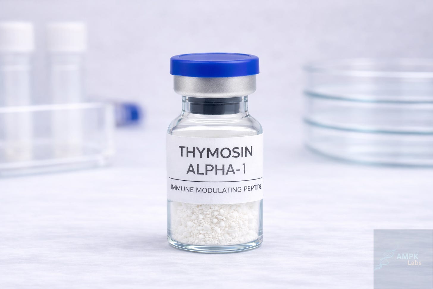**Alt text:** Clear laboratory vial labeled “THYMOSIN ALPHA-1 – Immune Modulating Peptide” containing white lyophilized powder with a blue cap, centered on a clean white lab surface with softly blurred glassware and petri dishes in the background.