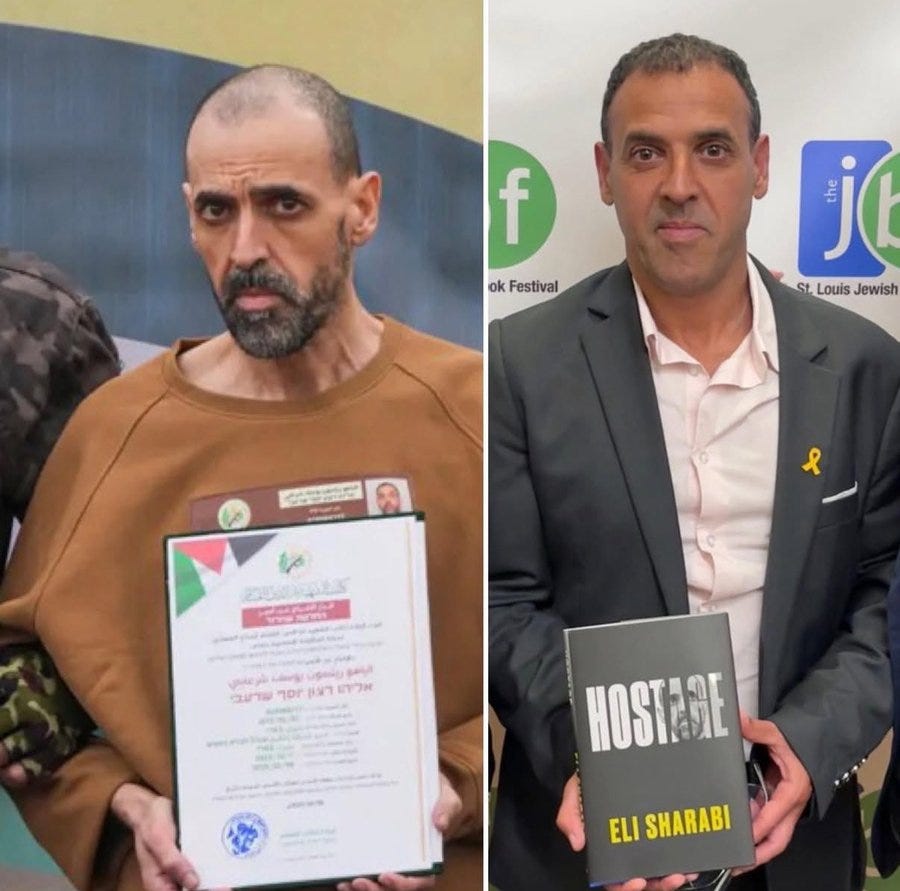 Left side shows a bald man with a beard wearing an orange-brown shirt and camouflage pants standing against a beige wall holding a framed certificate with Arabic and Hebrew text including a green white black red flag emblem. Right side depicts the same man in a dark suit light blue shirt and yellow lapel pin standing at an outdoor event with beige fencing and greenery behind him holding a book titled HOSTAGE by Eli Sharabi.