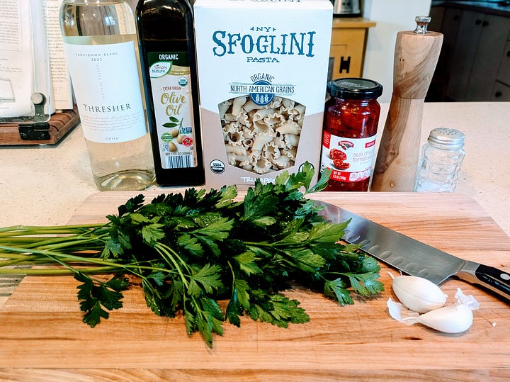 Creamy pasta with sun-dried tomatoes, garlic and herbs by Eve Fox, copyright 2025