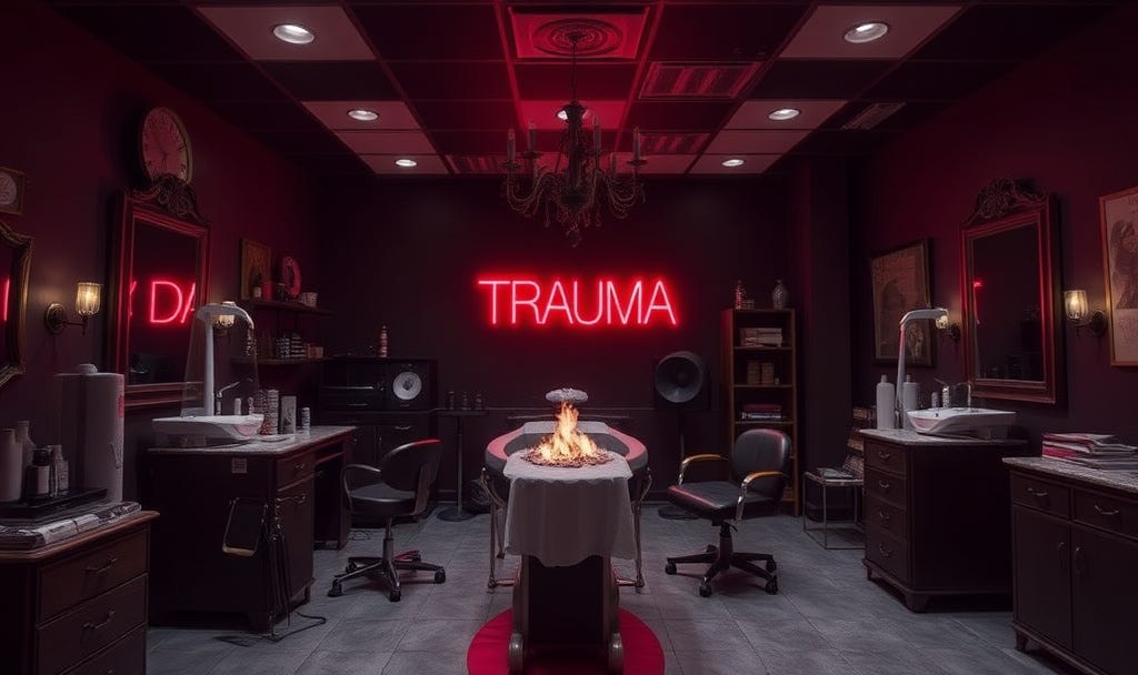 A salon with the word "Trauma" written on the wall in red neon A salon with the word "Trauma" written on the wall in red neon