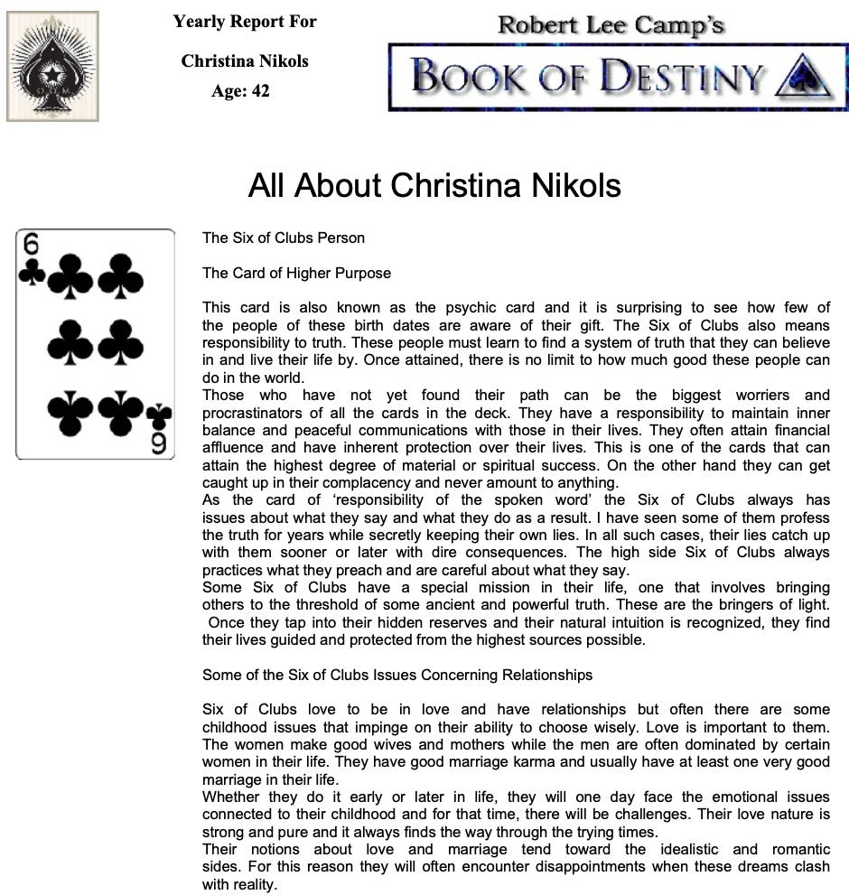 Sample page of the book of destiny report for Christina Nikols who is a six of clubs card of higher purpose the psychic card
