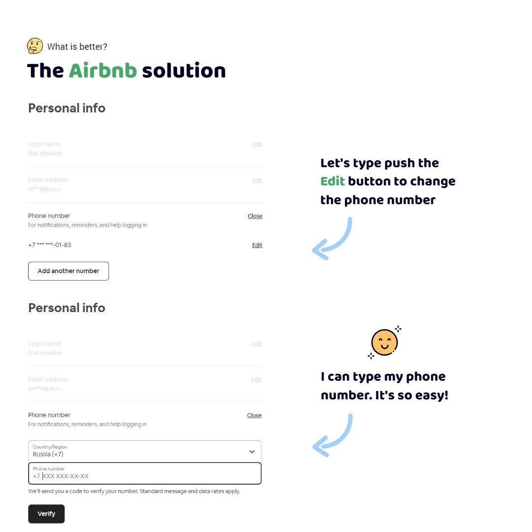 The Airbnb app. I need to edit the phone number. I press the "Edit" button. Great! I can enter the number right away and do not need to click on the field