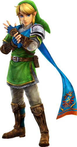 A picture of Link from Hyrule Warriors; he has pointed ears, blond hair, and blue eyes. He is wearing a green tunic and hat, with a blue scarf embroidered with the Hylian crest. 