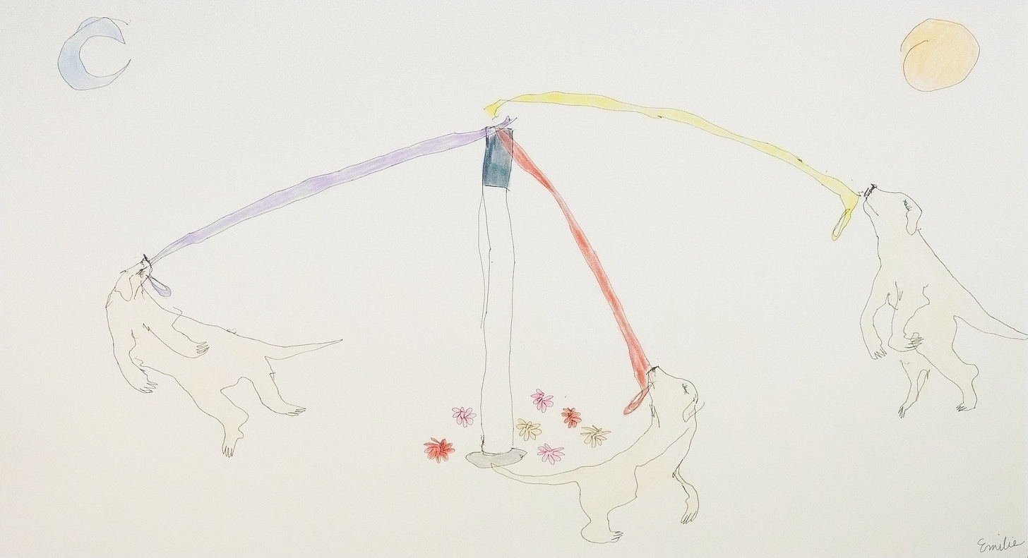 A drawing of three Labrador dogs with leashes in their mouths that connect to a white cane maypole, dancing around flowers and under a sun and moon.