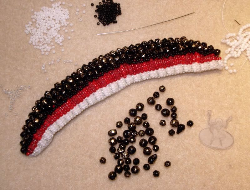 bead embroidery blog in progress Parasail at the beach beadwork beads red black white painting